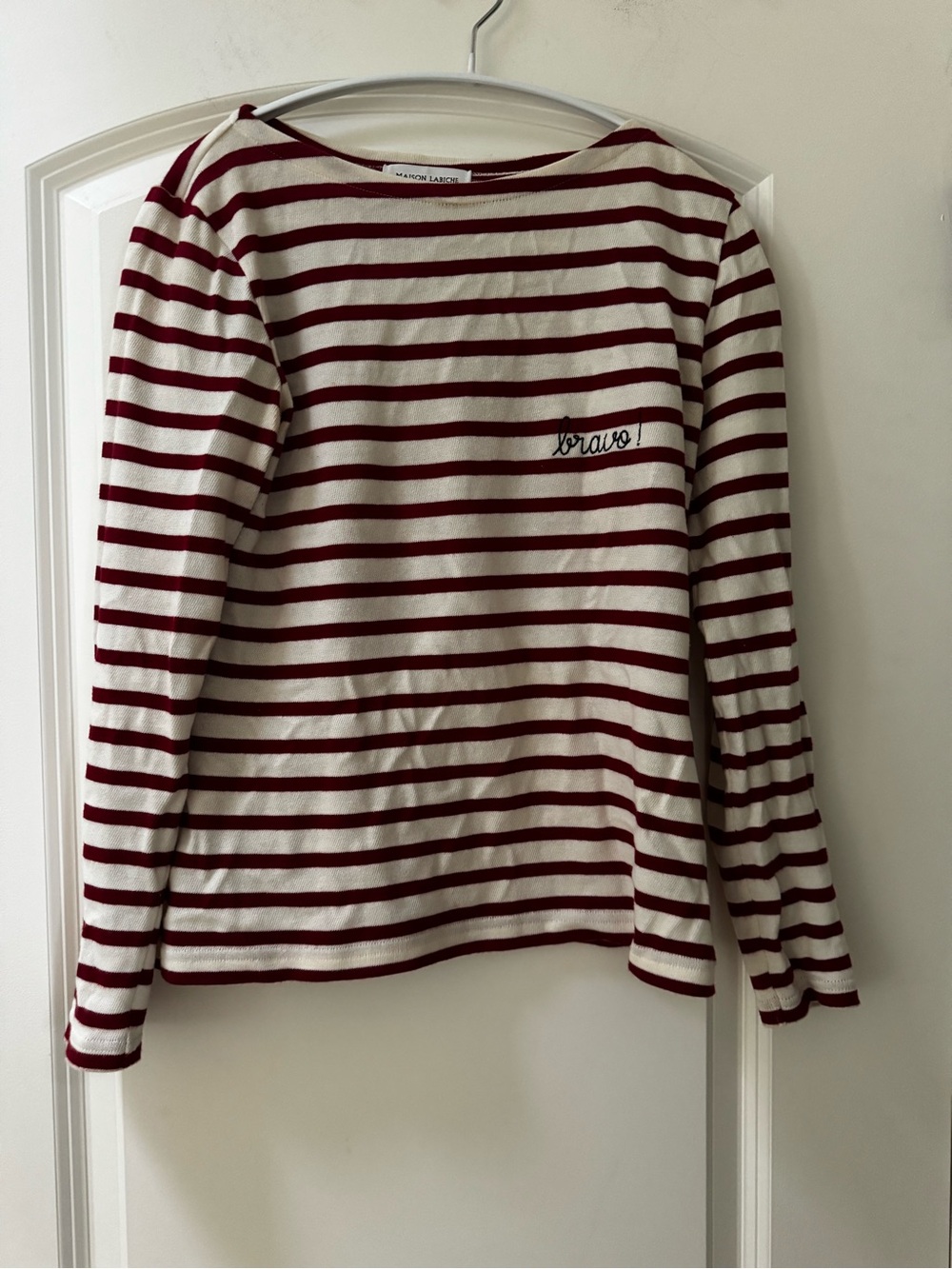 Maison Labiche Long-Sleeve Striped Tee in Cream & Burgundy